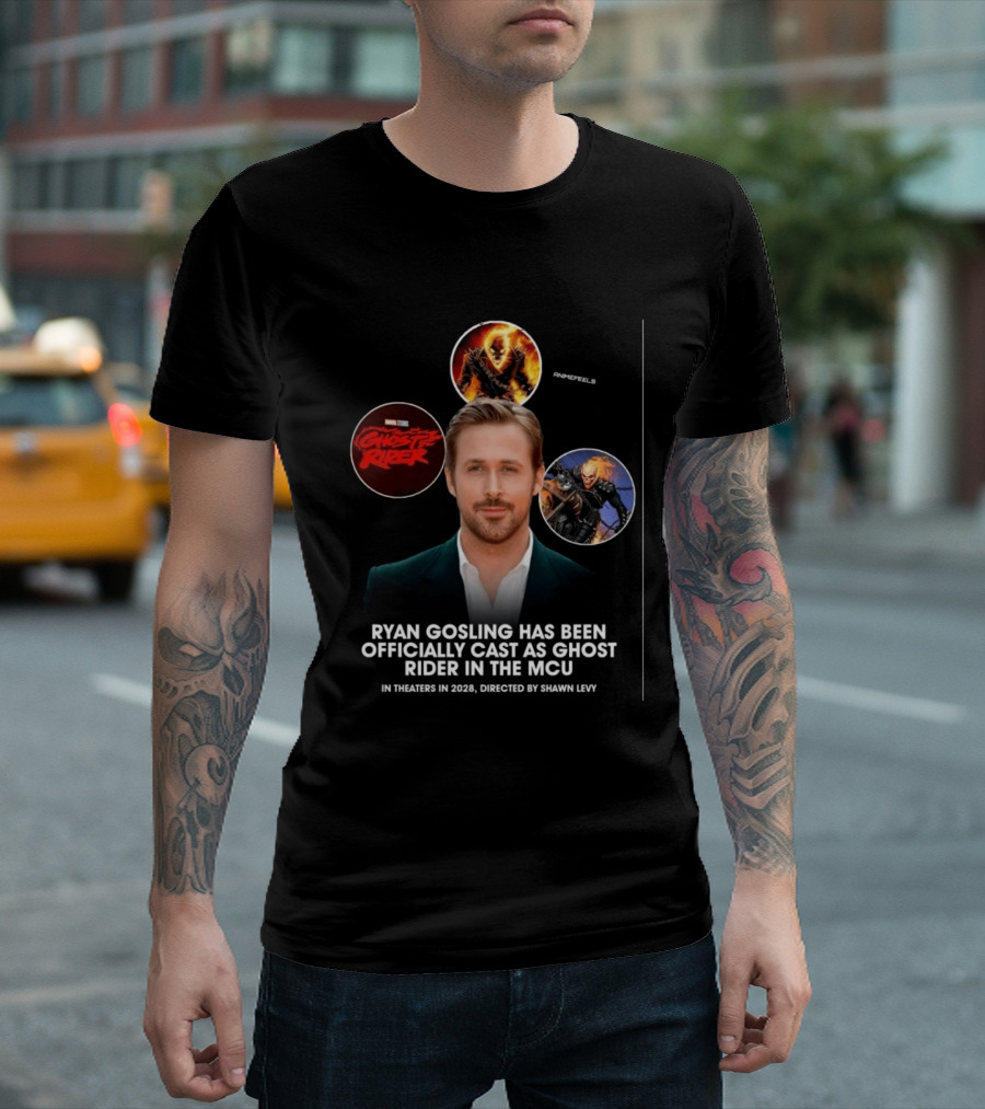 Ryan Gosling Cast As Ghost Rider In Marvel Cinematic Universe MCU 2028 Directed By Shawn Levy T-Shirt