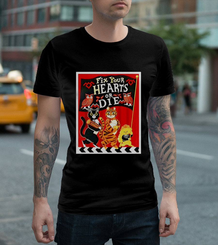 Twin Peaks Cats Fix Your Hearts Or Die David Lynch Owls Red Banner T-Shirt