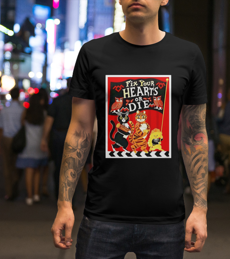 Twin Peaks Cats Fix Your Hearts Or Die David Lynch Owls Red Banner T-Shirt