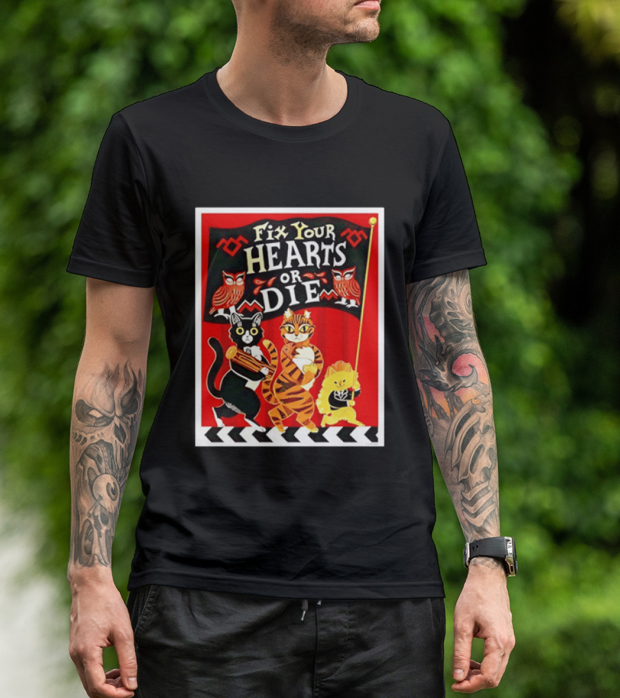 Twin Peaks Cats Fix Your Hearts Or Die David Lynch Owls Red Banner T-Shirt