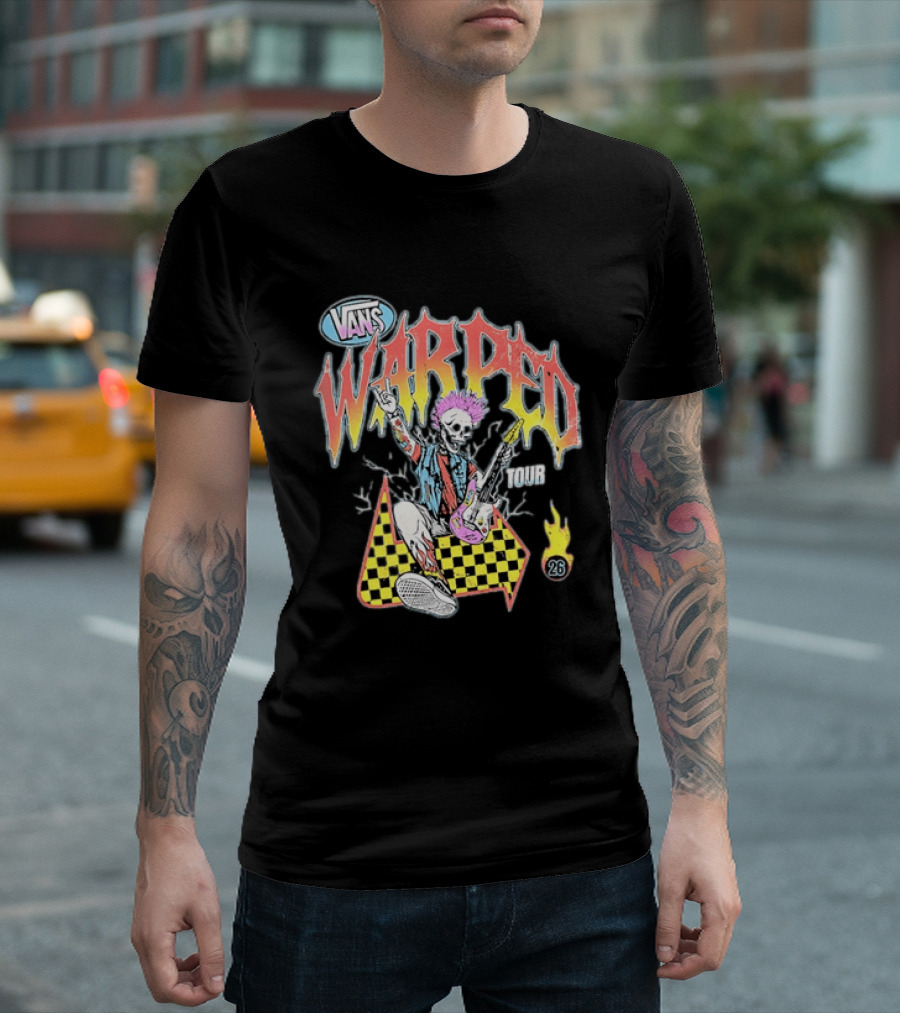Vans Warped Tour 2026 Punk Rock Skeleton Guitarist With Colorful Mohawk T-Shirt