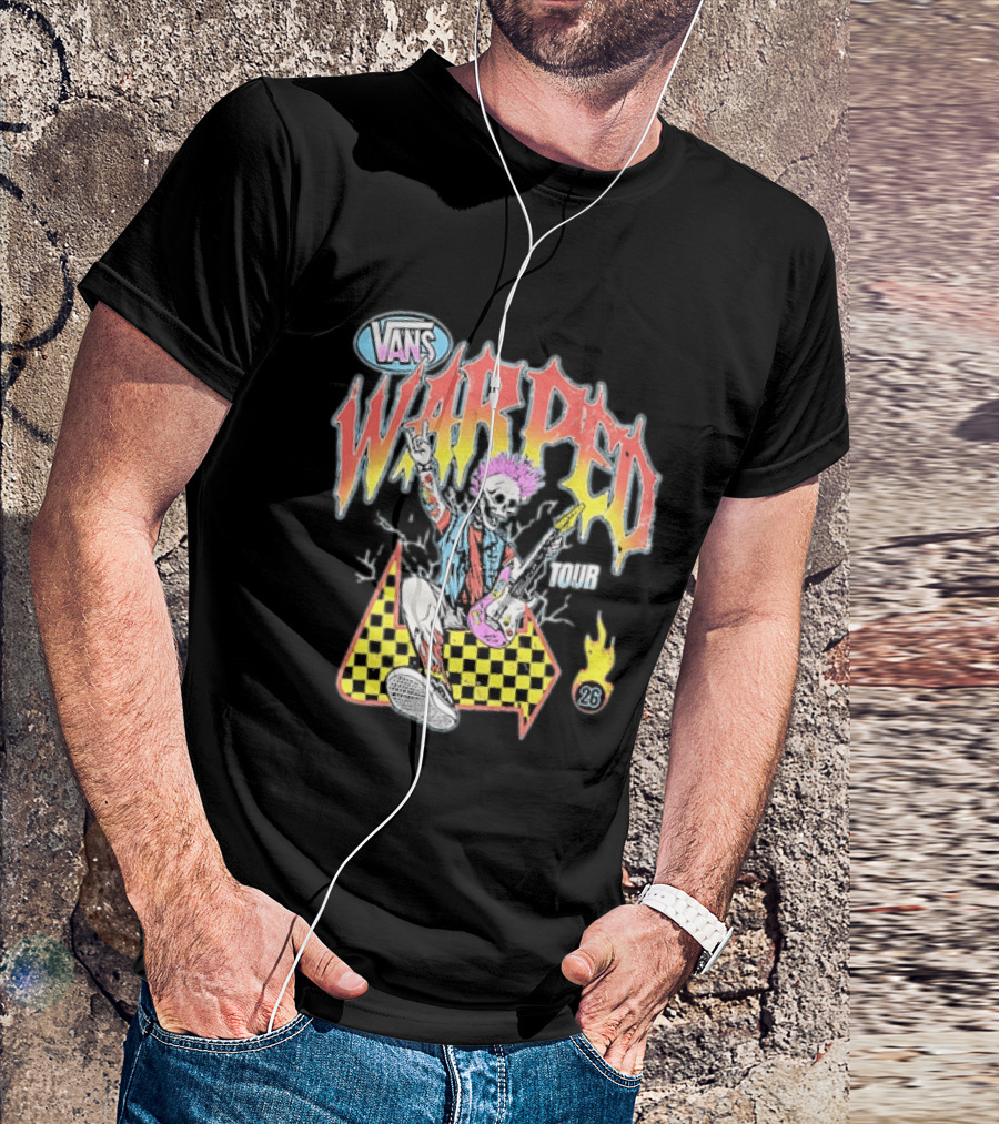 Vans Warped Tour 2026 Punk Rock Skeleton Guitarist With Colorful Mohawk T-Shirt