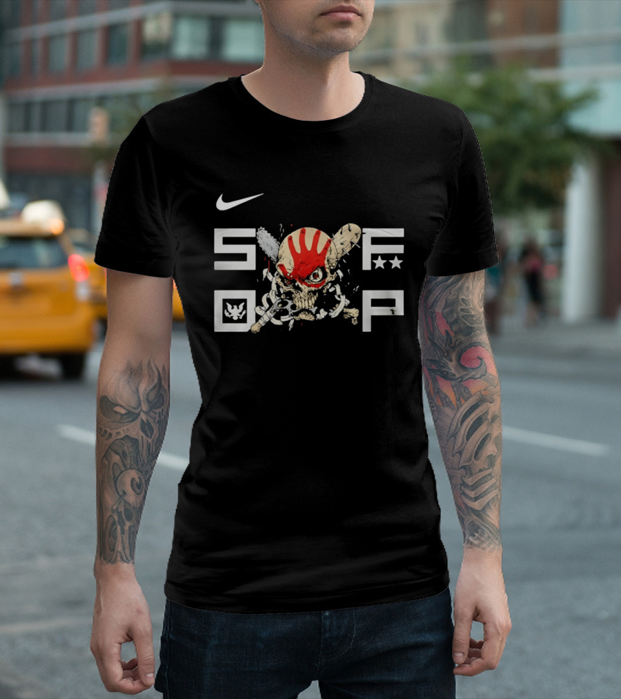 SDFP Skull Chains Brass Knuckles Design With Nike Logo And Red Handprint T-Shirt