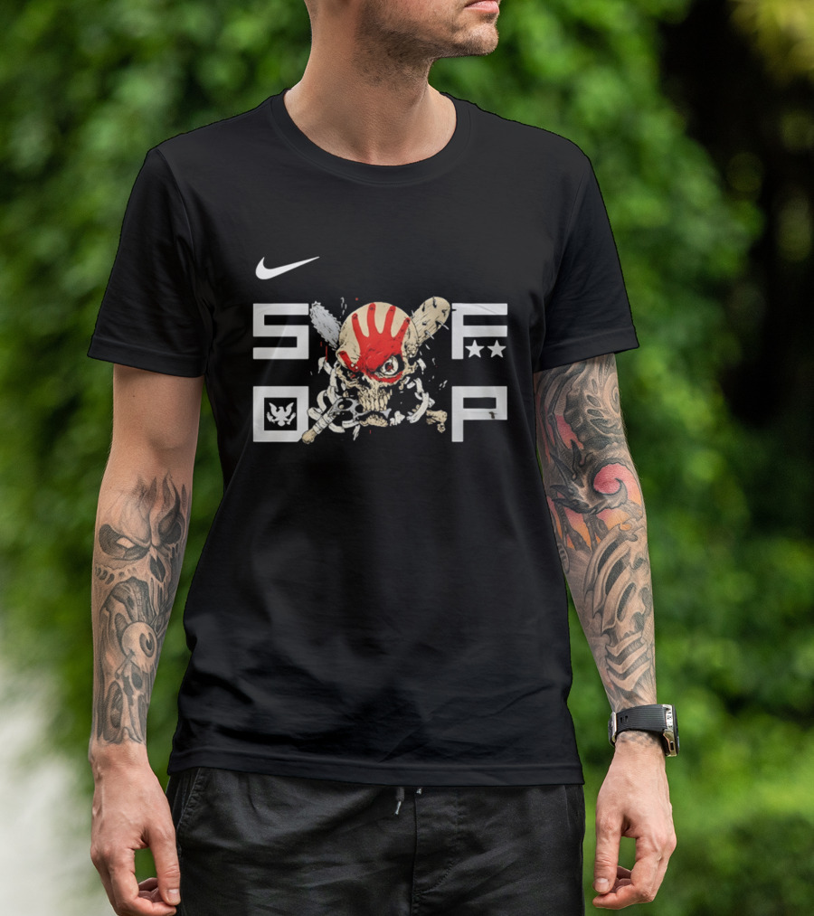 SDFP Skull Chains Brass Knuckles Design With Nike Logo And Red Handprint T-Shirt