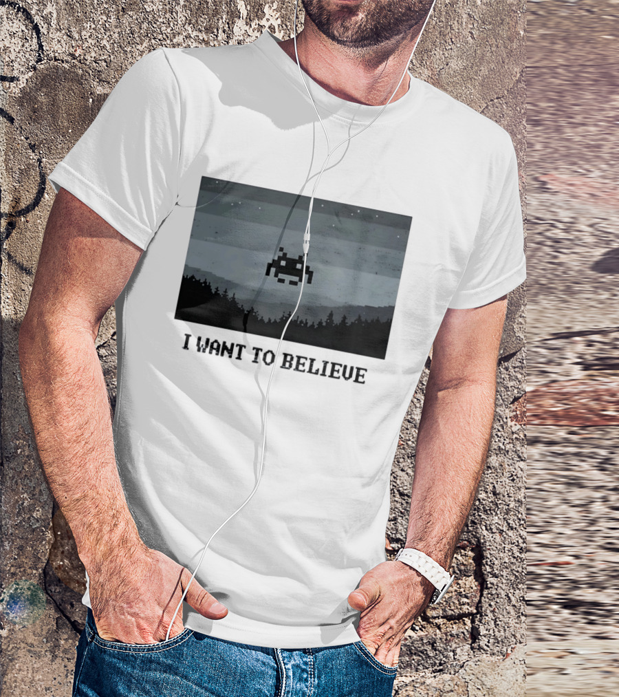 I Want To Believe Space Invader Pixel UFO Forest Scene T-Shirt
