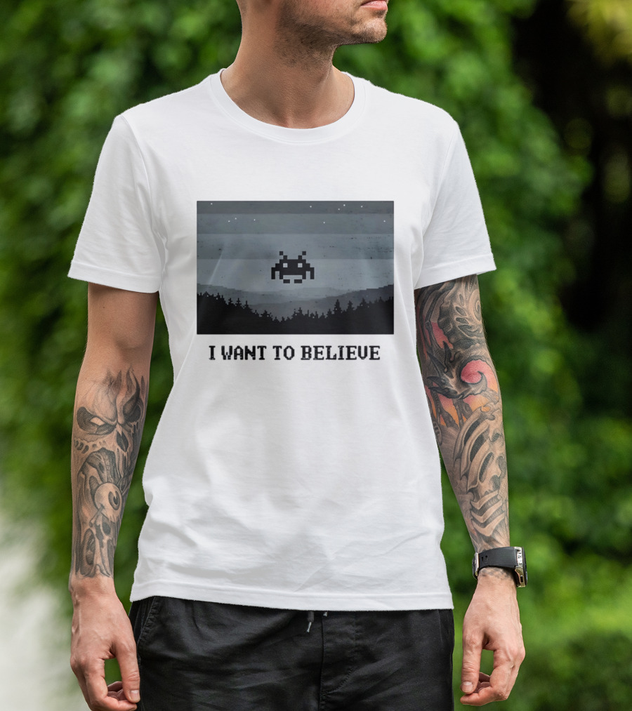 I Want To Believe Space Invader Pixel UFO Forest Scene T-Shirt