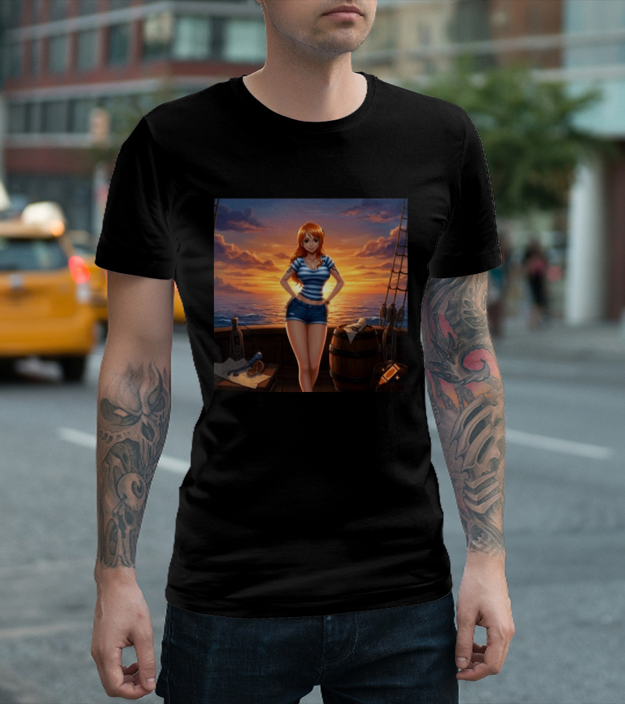 Nami One Piece Joyful Sunset Pirate Ship Ocean Scene T-Shirt