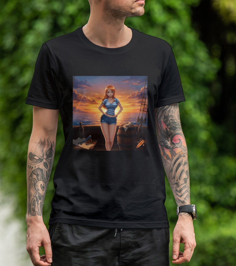 Nami One Piece Joyful Sunset Pirate Ship Ocean Scene T-Shirt