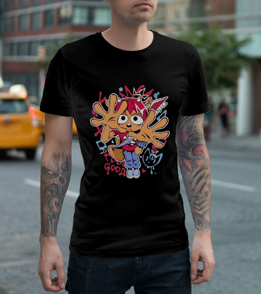 True Good Anime Distressed Graffiti Cartoon Character With Red Hair And Large Hands T-Shirt
