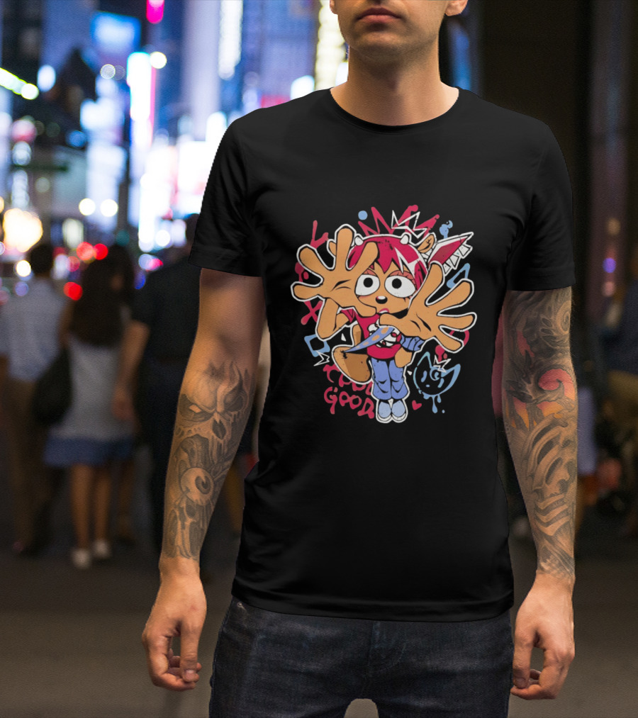 True Good Anime Distressed Graffiti Cartoon Character With Red Hair And Large Hands T-Shirt