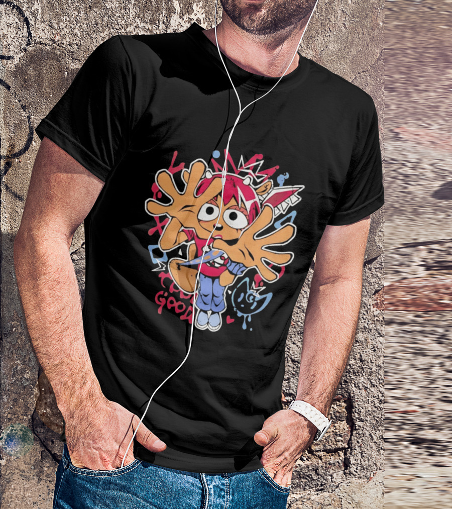 True Good Anime Distressed Graffiti Cartoon Character With Red Hair And Large Hands T-Shirt