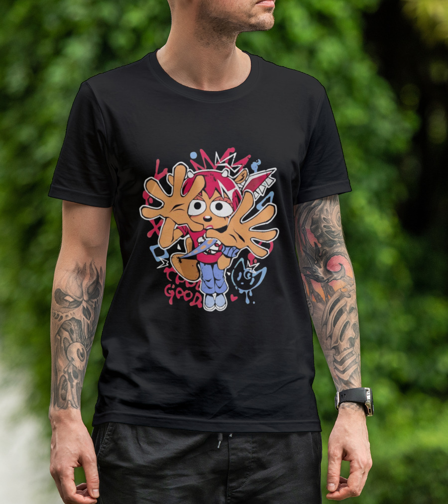 True Good Anime Distressed Graffiti Cartoon Character With Red Hair And Large Hands T-Shirt
