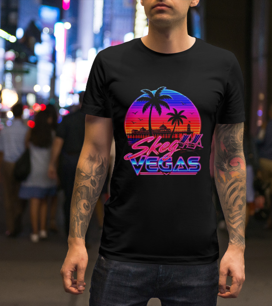Skeg Vegas Beach Pier Sunset Skegness Retro Neon T-Shirt