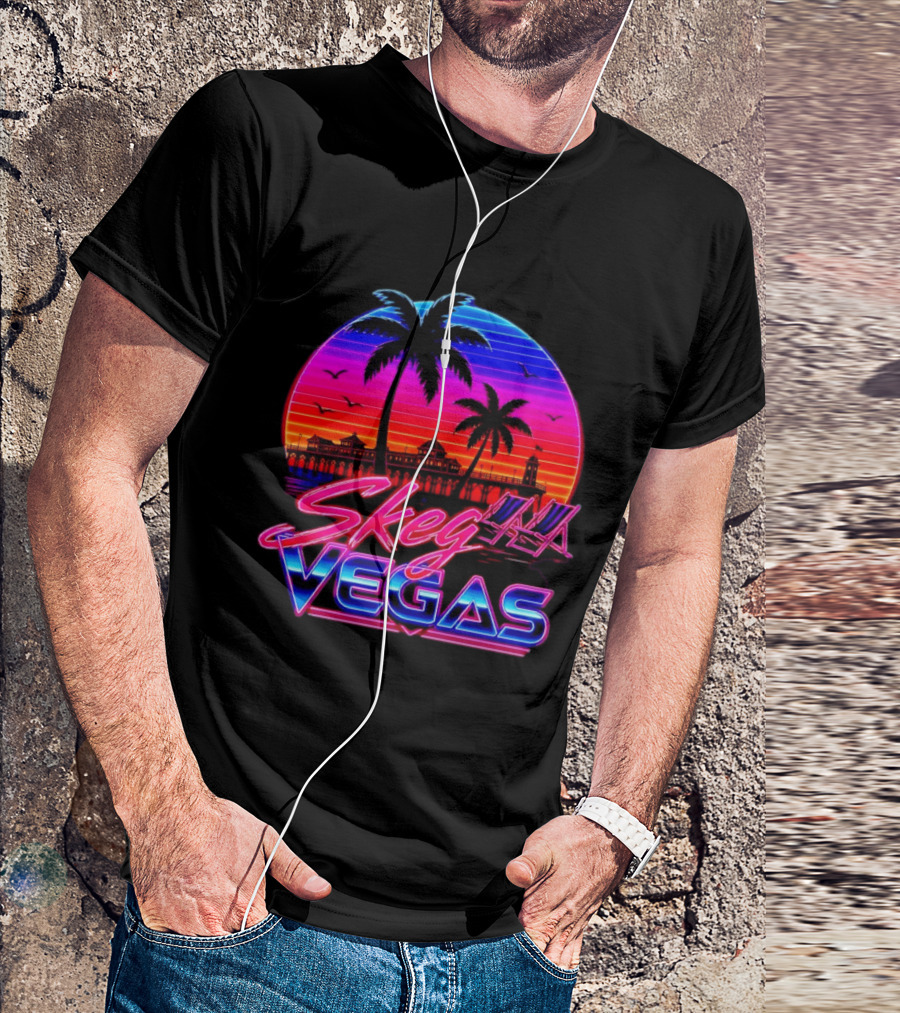 Skeg Vegas Beach Pier Sunset Skegness Retro Neon T-Shirt
