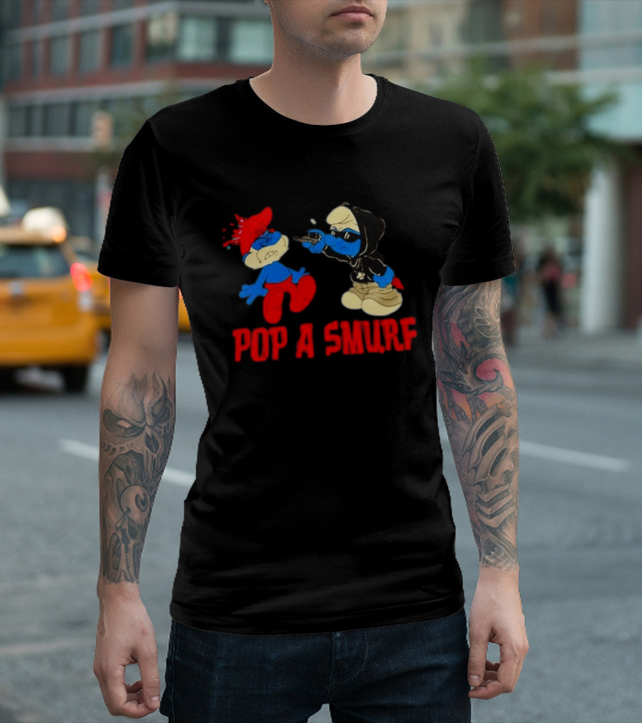 Pop A Smurf Gangster Cartoon Characters In Street T-Shirt