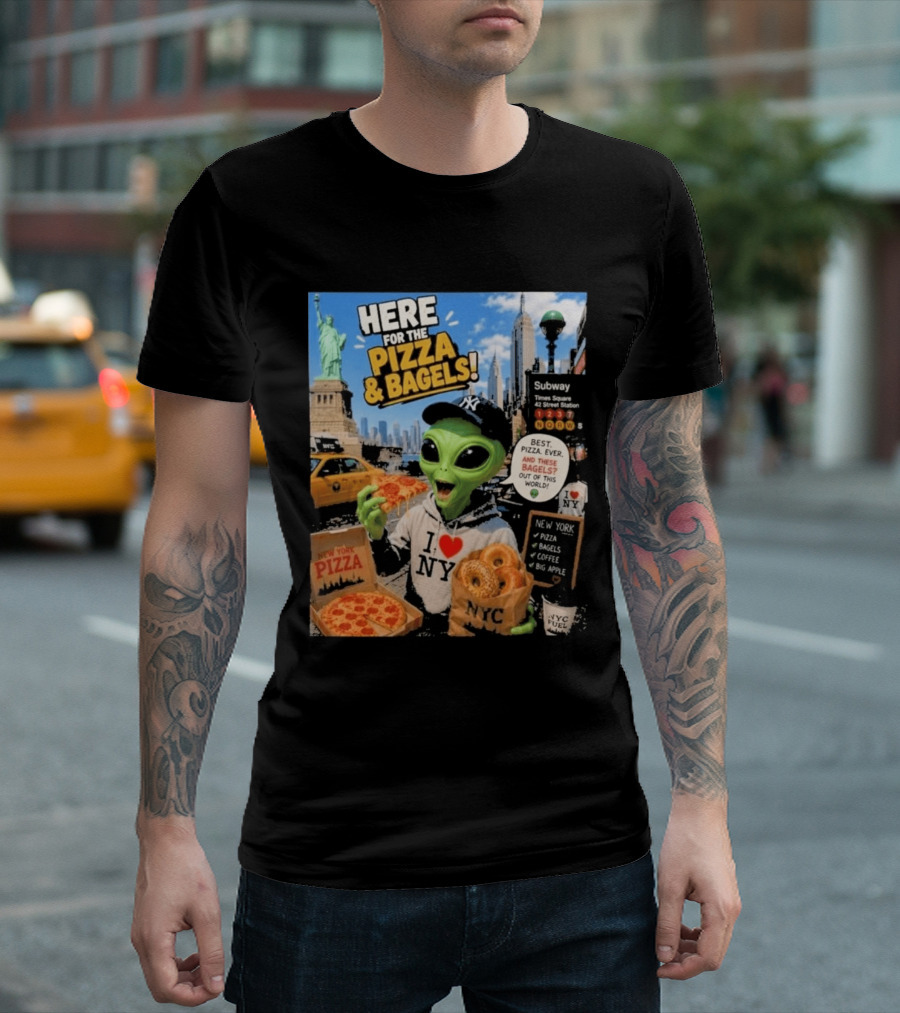 NYC Alien Loves Pizza And Bagels With Statue Of Liberty And Times Square Subway T-Shirt