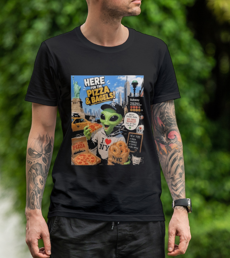 NYC Alien Loves Pizza And Bagels With Statue Of Liberty And Times Square Subway T-Shirt