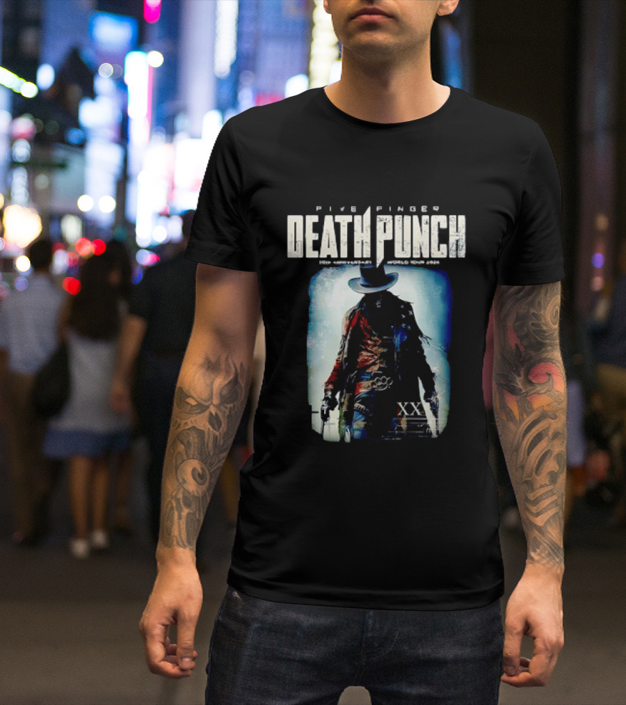 Five Finger Death Punch 20th Anniversary World Tour 2026 Cowboy Imagery With Knuckle Duster And Pistols T-Shirt