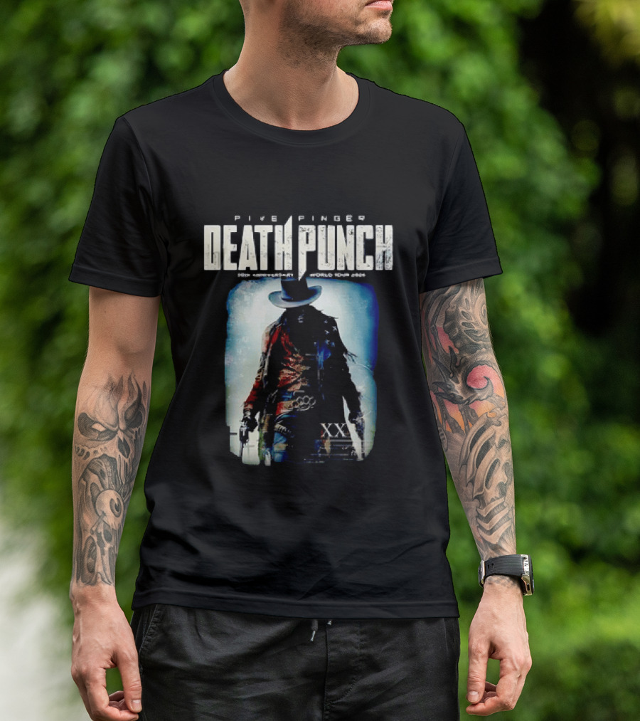 Five Finger Death Punch 20th Anniversary World Tour 2026 Cowboy Imagery With Knuckle Duster And Pistols T-Shirt