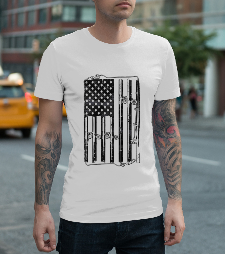 Distressed American Flag Fishing Rod Patriotic USA Angling Stars And Stripes T-Shirt