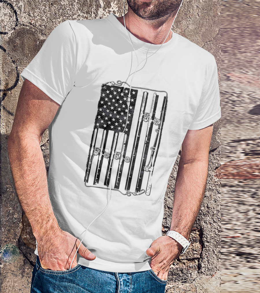 Distressed American Flag Fishing Rod Patriotic USA Angling Stars And Stripes T-Shirt