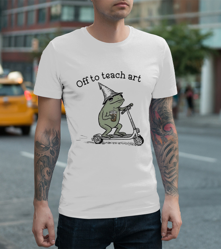Frog Off To Teach Art With Iced Coffee On Scooter T-Shirt