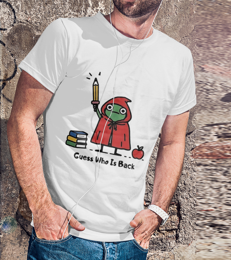 Guess Who Is Back Frog In Red Cape With Pencil Books And Apple T-Shirt