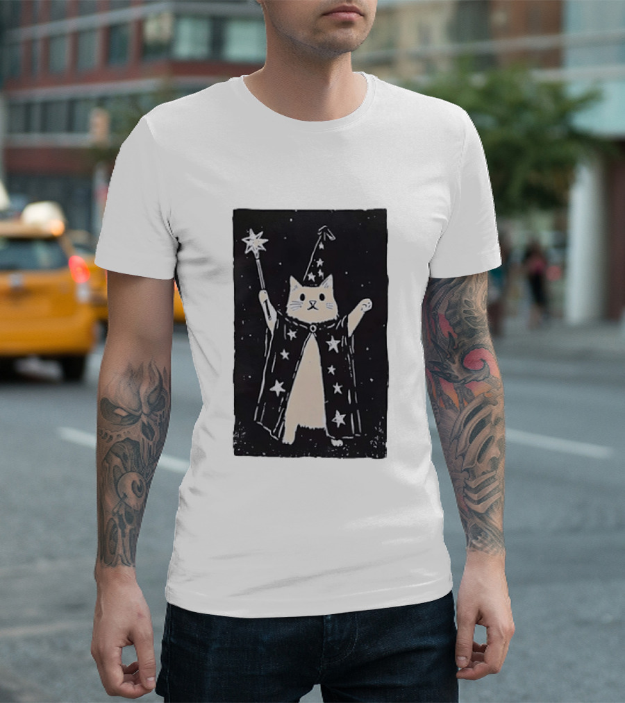 The Magician Cat Tarot Card Wizard Hat Starry Cloak Magic Wand T-Shirt