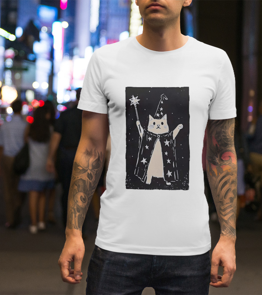 The Magician Cat Tarot Card Wizard Hat Starry Cloak Magic Wand T-Shirt