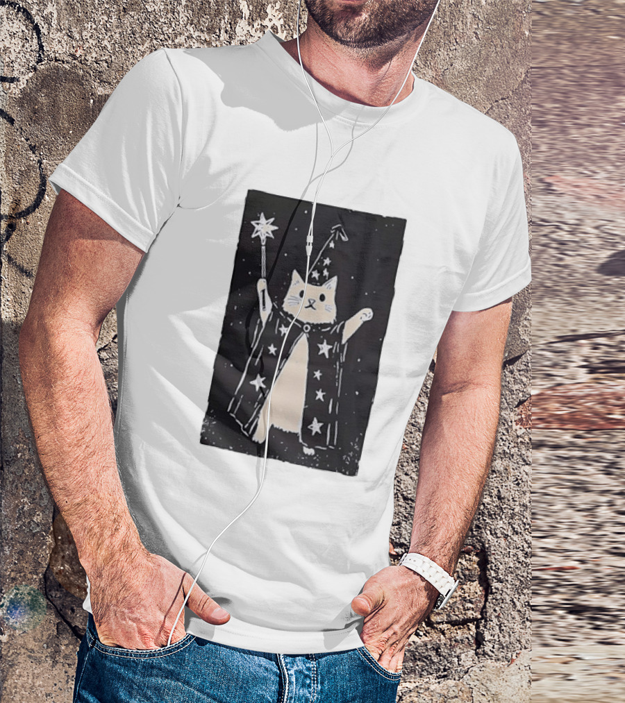 The Magician Cat Tarot Card Wizard Hat Starry Cloak Magic Wand T-Shirt