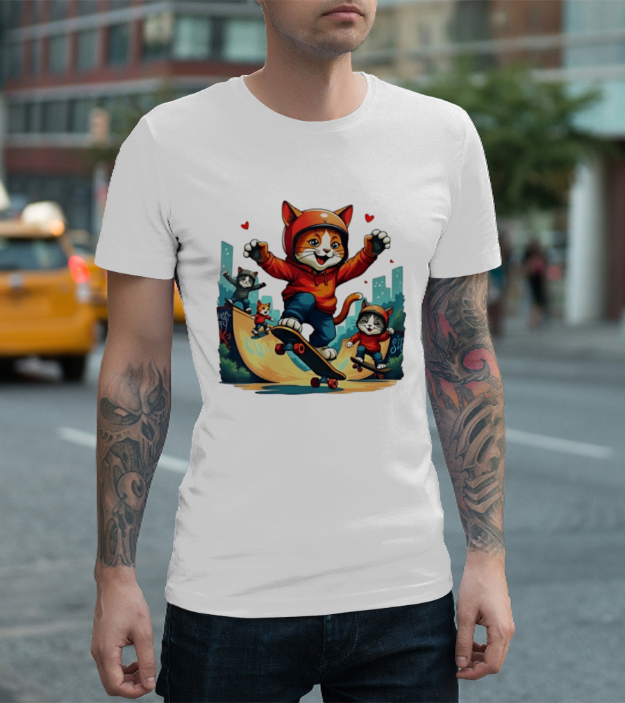 Skateboarding Cats In Helmets With Hearts And Cityscape T-Shirt