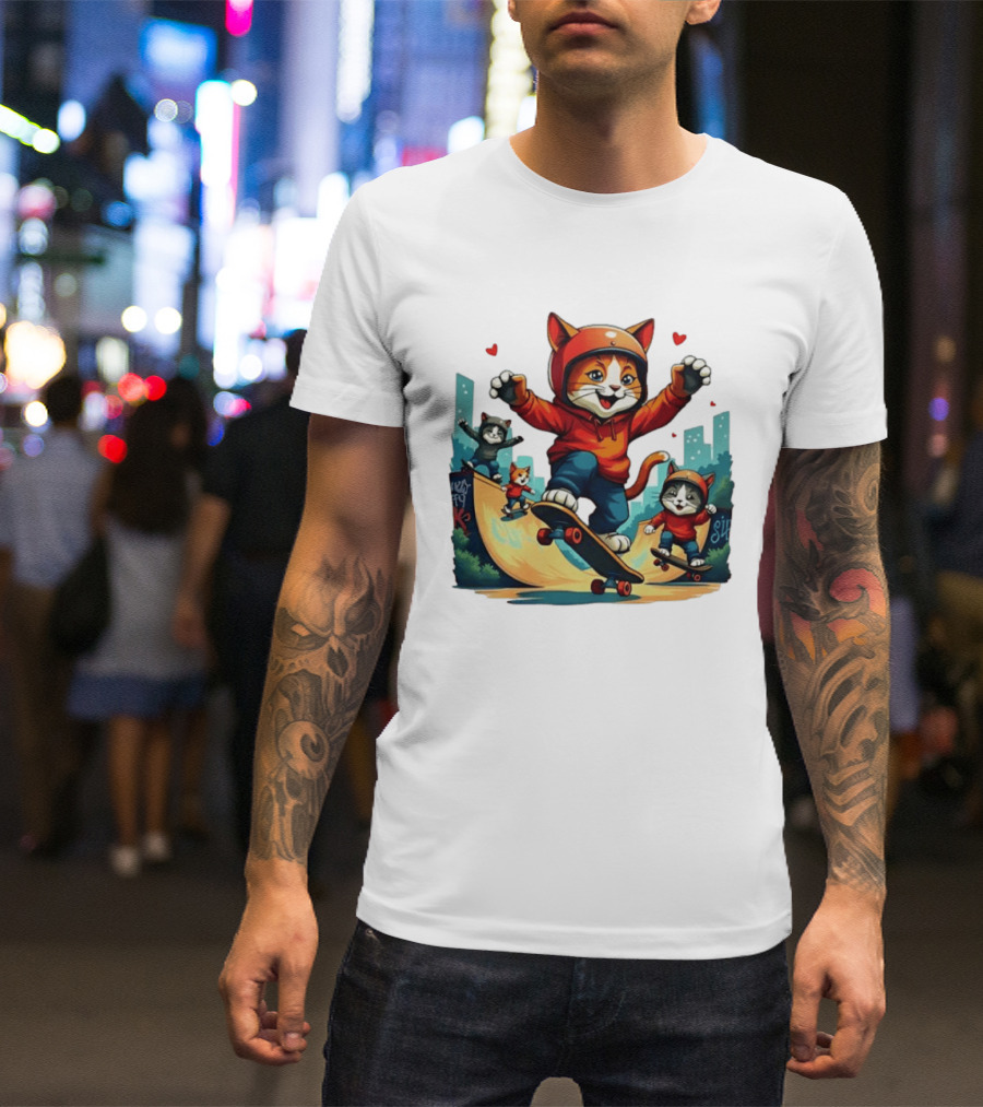 Skateboarding Cats In Helmets With Hearts And Cityscape T-Shirt