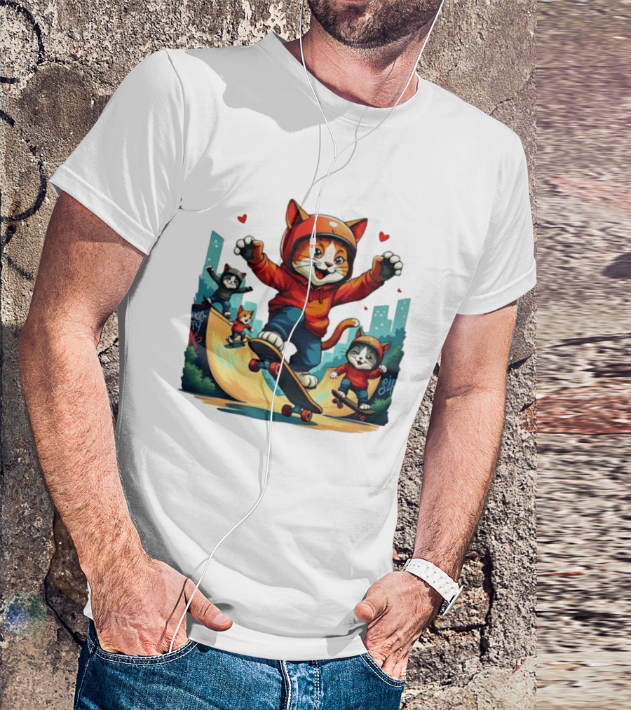Skateboarding Cats In Helmets With Hearts And Cityscape T-Shirt