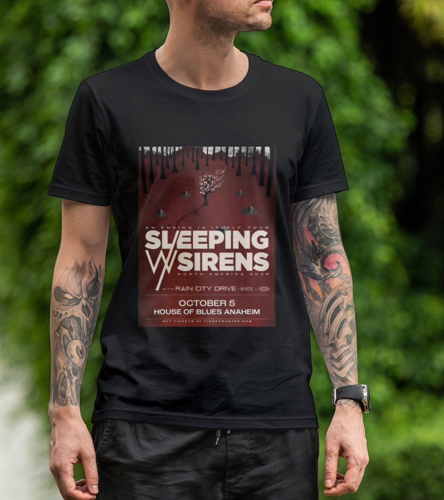 An Ending In Itself Tour Sleeping Sirens North America 2026 October 5 House Of Blues Anaheim Rain City Drive Eye🎵 T-Shirt