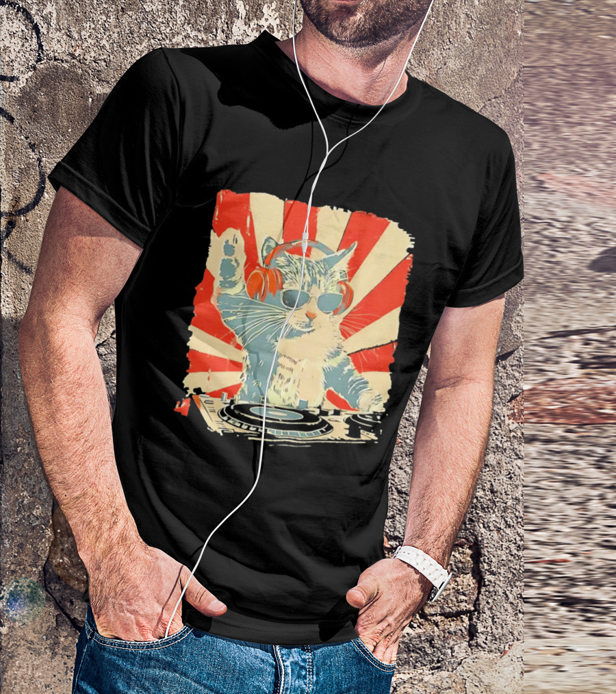 DJ Cat Headphones Sunglasses Retro Style Music Lover T-Shirt