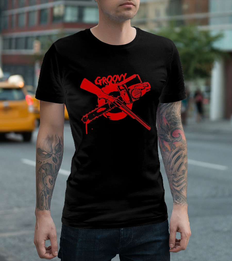 Ash Williams Evil Dead Groovy Chainsaw Shotgun T-Shirt
