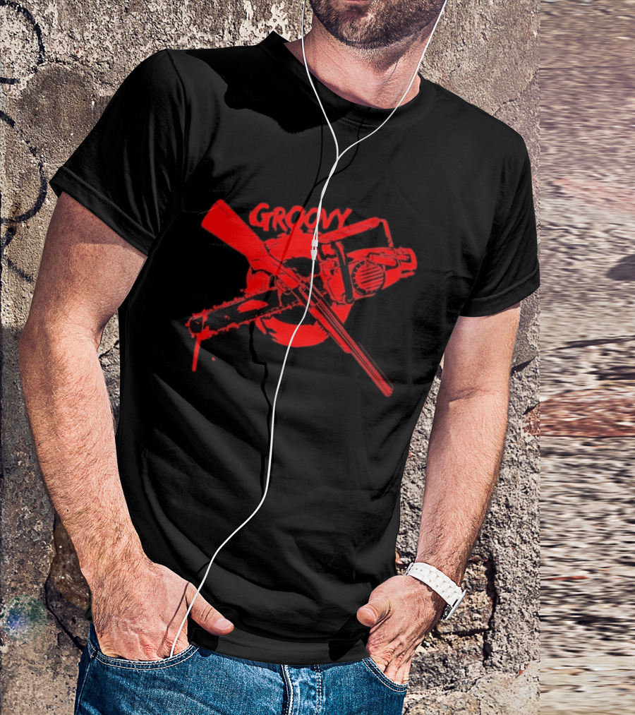 Ash Williams Evil Dead Groovy Chainsaw Shotgun T-Shirt