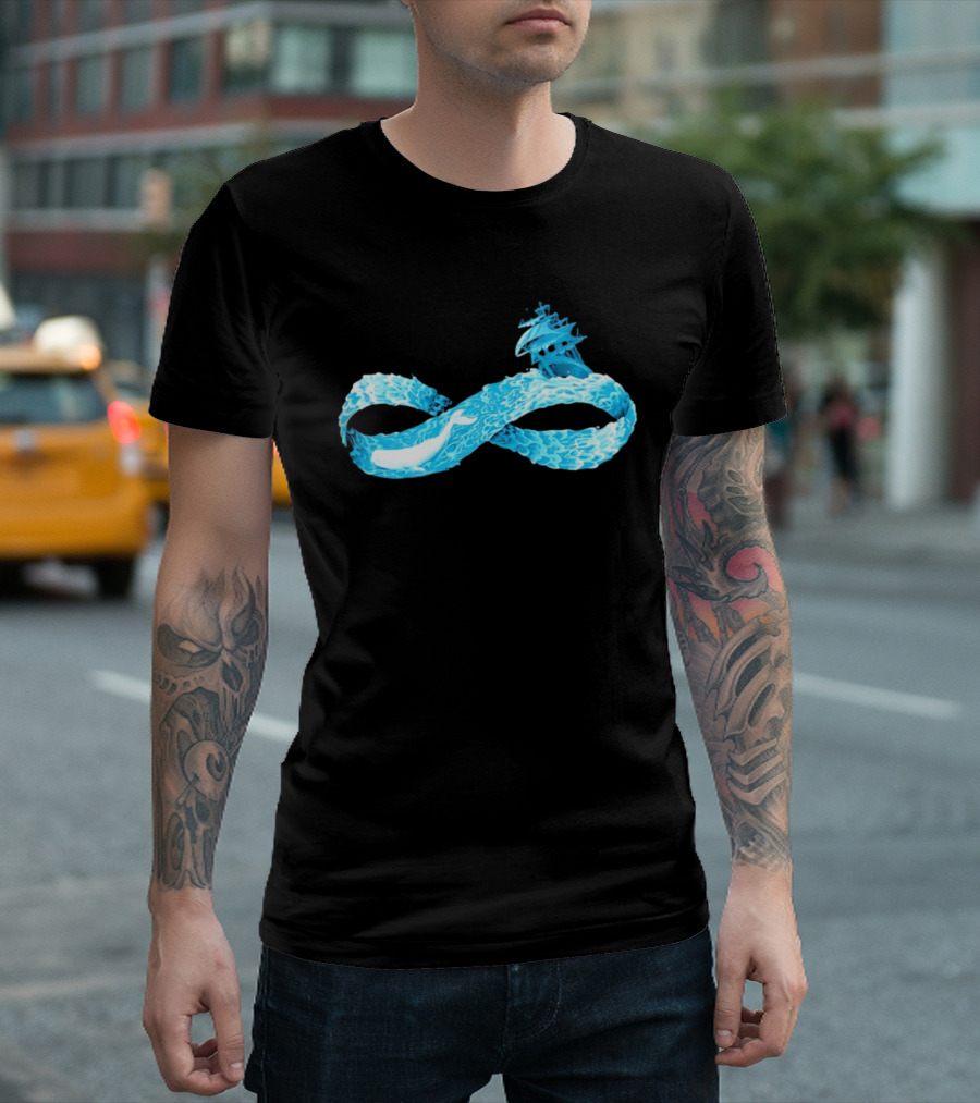 Infinity Symbol With Whale Swimming Beneath Sailing Ship Formed By Ocean Waves T-Shirt