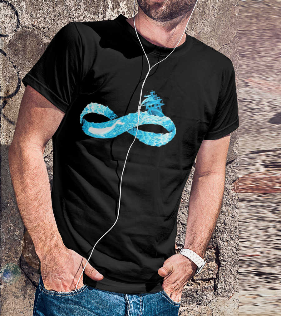 Infinity Symbol With Whale Swimming Beneath Sailing Ship Formed By Ocean Waves T-Shirt