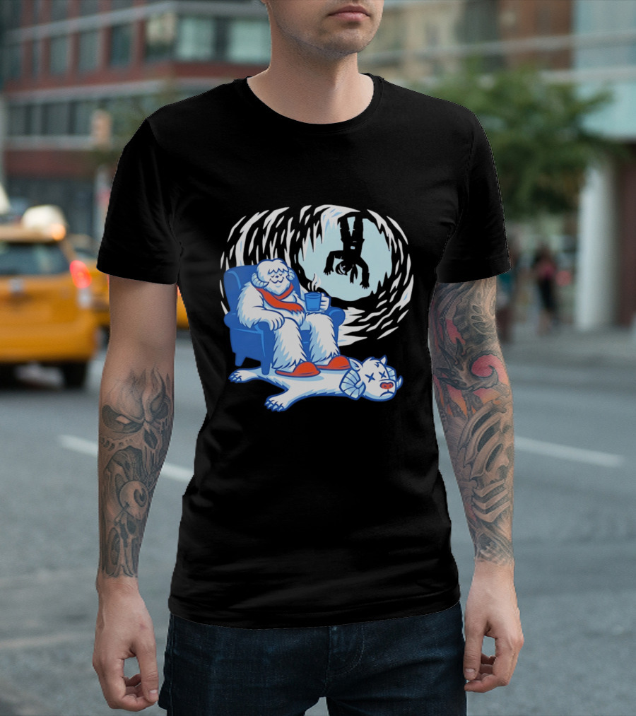 Yeti Relaxing In A Chair With Hot Drink And Abominable Snowman Rug T-Shirt