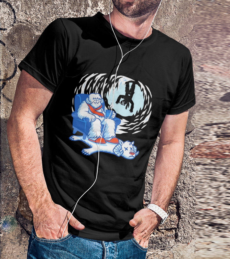 Yeti Relaxing In A Chair With Hot Drink And Abominable Snowman Rug T-Shirt