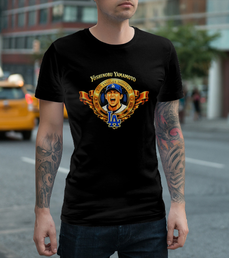 Yoshinobu Yamamoto Los Angeles Dodgers LA Gold Crest T-Shirt