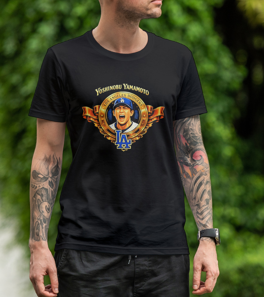 Yoshinobu Yamamoto Los Angeles Dodgers LA Gold Crest T-Shirt