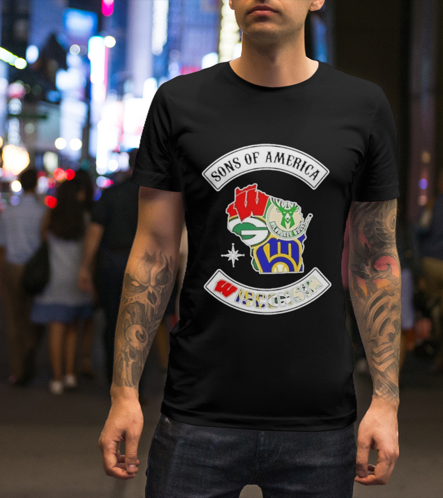 Sons Of America Wisconsin Map Milwaukee Brewers Green Bay Packers Badgers Bucks T-Shirt
