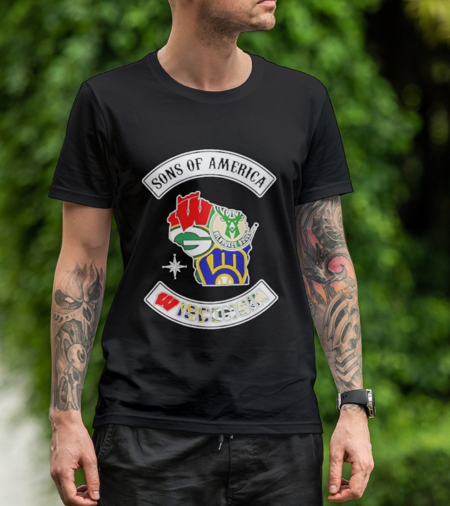 Sons Of America Wisconsin Map Milwaukee Brewers Green Bay Packers Badgers Bucks T-Shirt