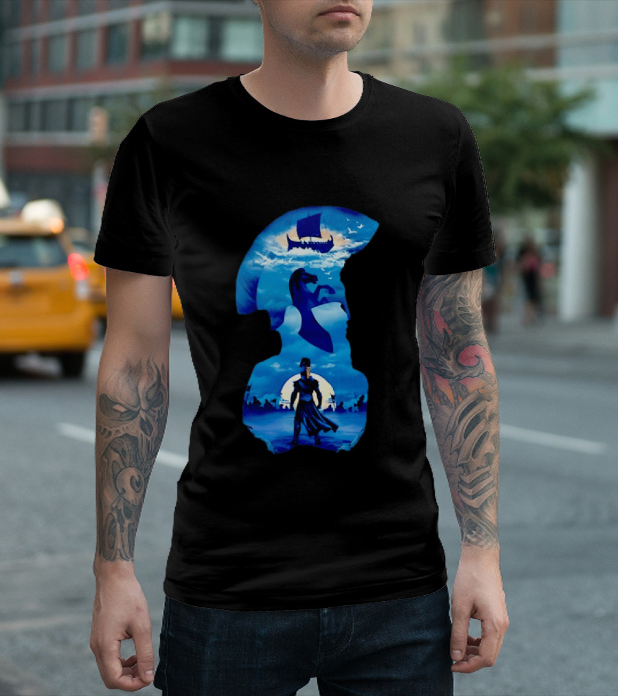 Spartan Warrior With Trojan Horse And Ancient Ship In Mythical Blue Scene T-Shirt