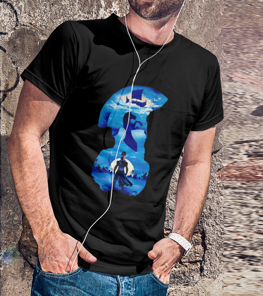 Spartan Warrior With Trojan Horse And Ancient Ship In Mythical Blue Scene T-Shirt