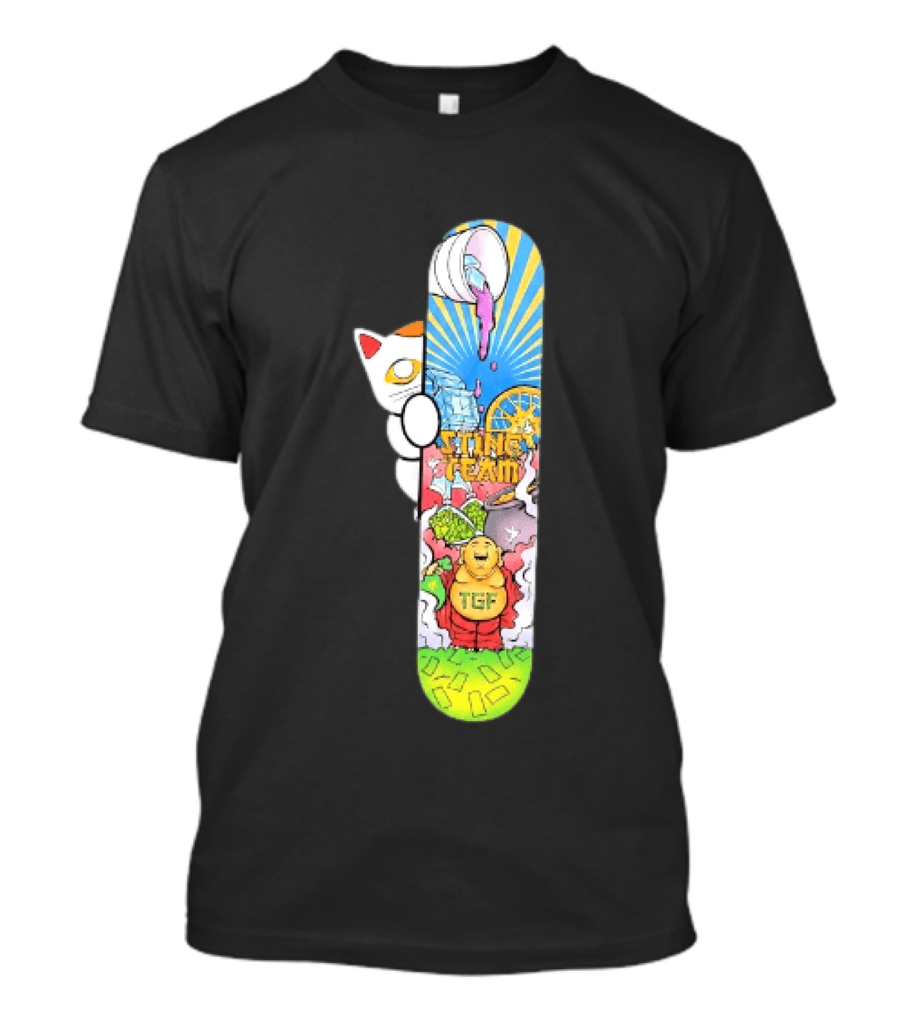 Stinc Team TGF Buddha Cat With Skateboard And Dripping Paint Aesthetic T-Shirt