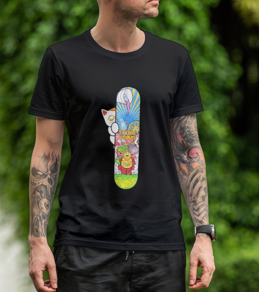 Stinc Team TGF Buddha Cat With Skateboard And Dripping Paint Aesthetic T-Shirt