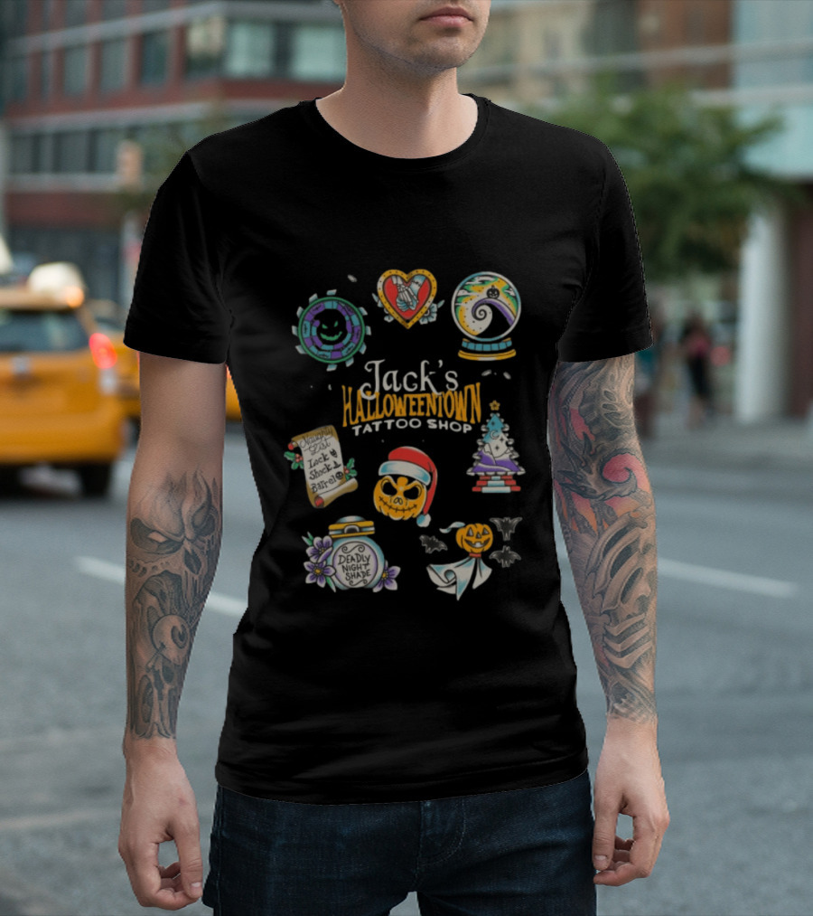 Jack's Halloweentown Tattoo Shop Oogie Boogie Santa Skull Lock Shock Barrel T-Shirt